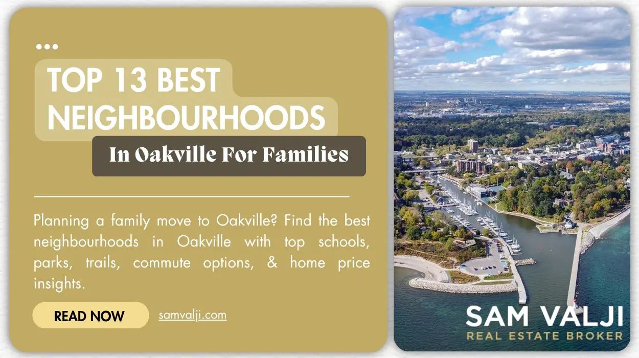 Best Neighbourhoods in Oakville for Families guide featuring an aerial view of Oakville’s waterfront, marina, and nearby residential community.
